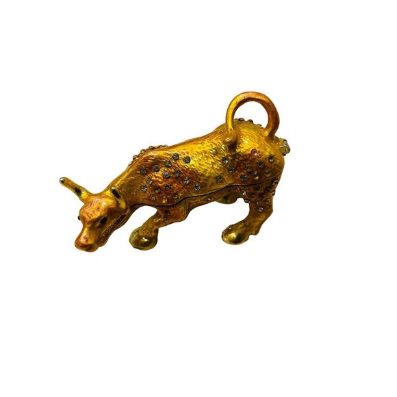 Unknown Other - Bull Trinket Box Gold Rhinestone Enamel Hinged Jewelry Case